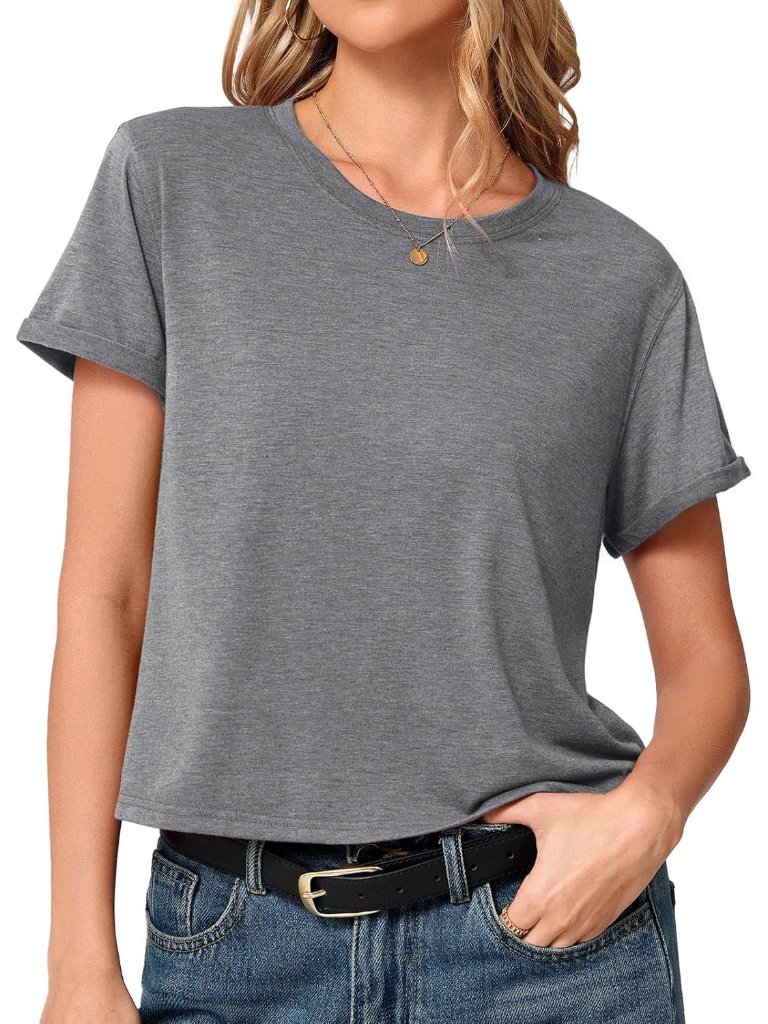 Women's Grey Summer Short Sleeve Crewneck Crop Casual And Flowy Style T Shirt